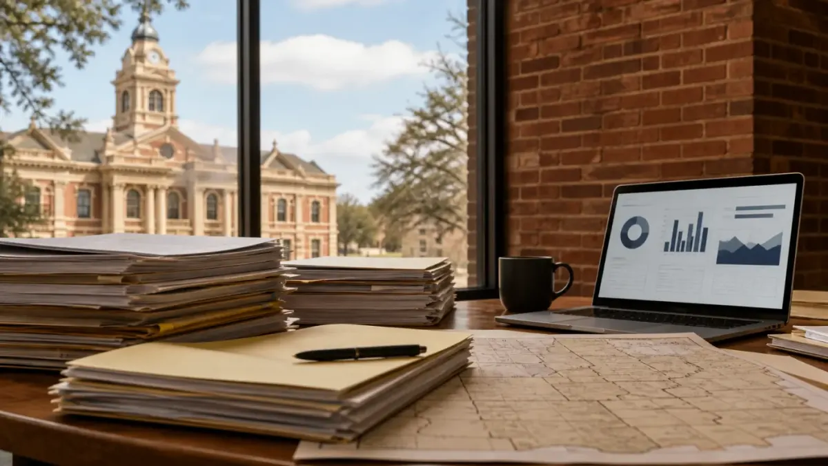 Editorial public-records desk with civic documents and abstract charts